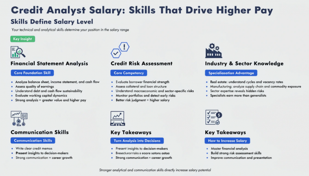 Infographic showing key skills that increase credit analyst salary, including financial statement analysis, credit risk assessment, industry knowledge, and communication skills.