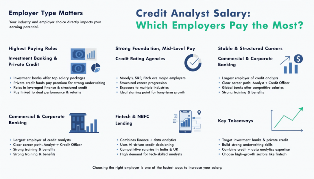 Infographic showing how employer type affects credit analyst salary, comparing investment banking, private credit, rating agencies, commercial banking, and fintech sectors.