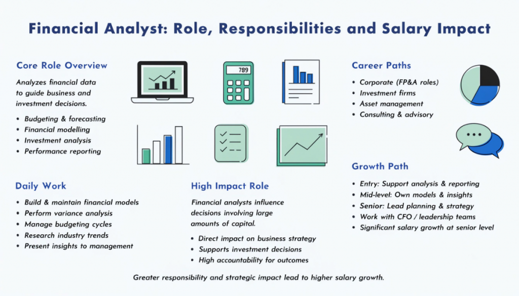 Infographic explaining financial analyst role, including responsibilities, daily tasks, career paths, and how strategic impact drives salary growth.