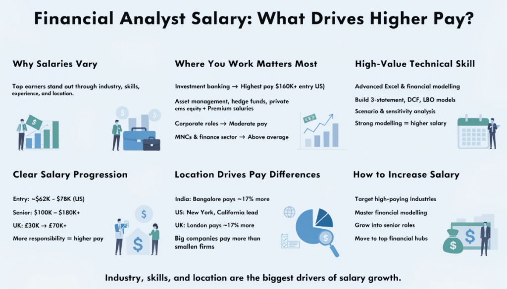 Infographic showing factors that influence financial analyst salary, including industry, financial modelling skills, experience level, and location-based salary differences.