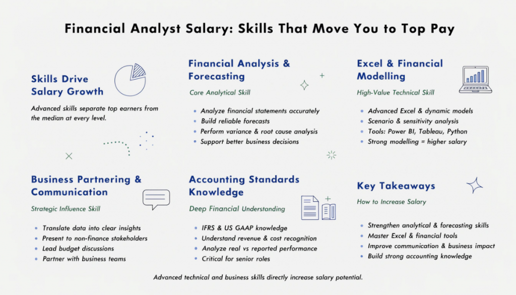 Infographic showing key skills that increase financial analyst salary, including financial analysis, Excel and modelling, communication, and accounting standards knowledge.