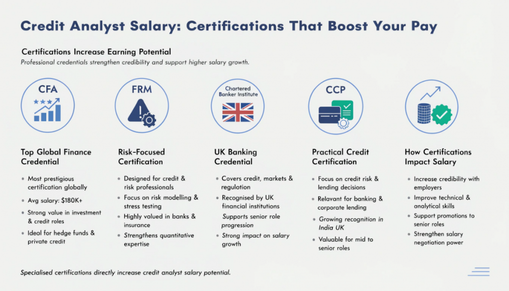 Infographic showing top certifications that increase credit analyst salary, including CFA, FRM, Chartered Banker Institute qualification, and Certified Credit Professional (CCP).