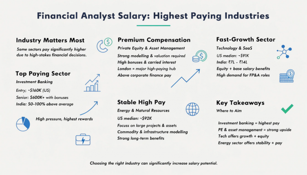 Infographic showing the highest paying industries for financial analysts, including investment banking, private equity, technology, and energy sectors, with salary insights and key differences.