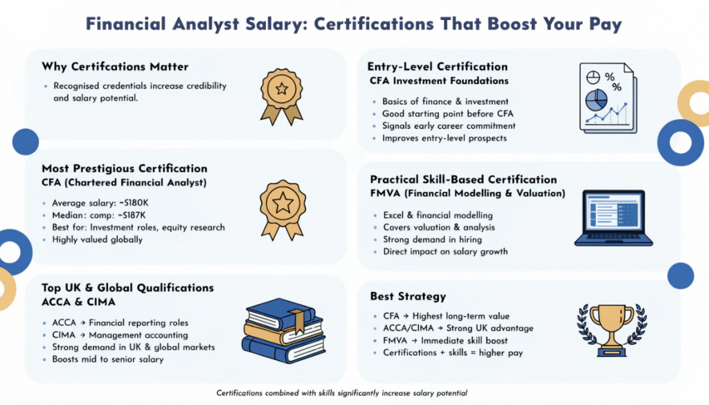 Infographic showing top certifications for financial analysts including CFA, ACCA, CIMA, Investment Foundations, and FMVA, and how they help increase salary potential.