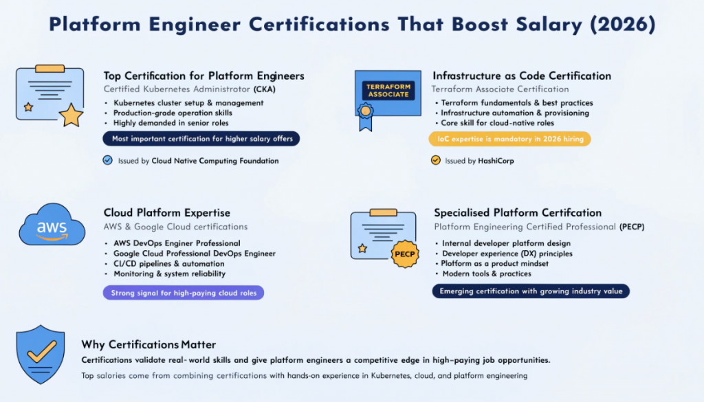Platform engineer certifications infographic showing CKA Terraform AWS and Google Cloud credentials