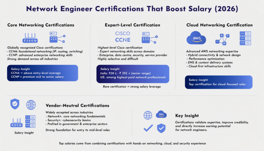 Network engineer certifications infographic showing CCNA CCNP CCIE AWS and CompTIA credentials with salary impact