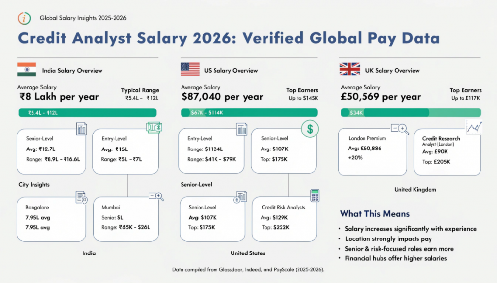 Infographic showing credit analyst salary data for 2026 across India, the US, and the UK, including average pay, salary ranges, senior-level earnings, and location-based differences.