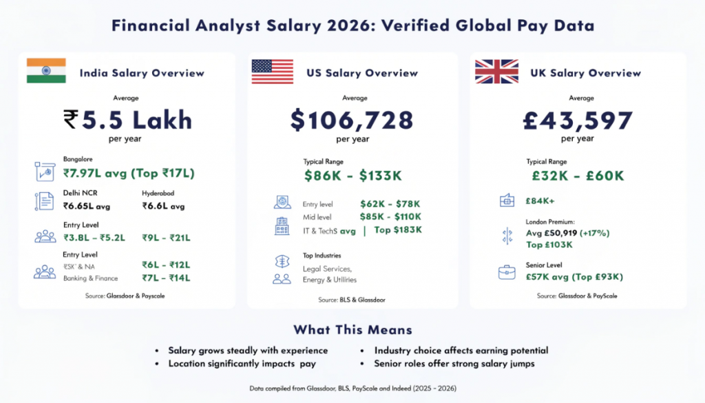 Infographic showing financial analyst salary data for 2026 across India, the US, and the UK, including average pay, salary ranges, senior-level earnings, and location-based differences.