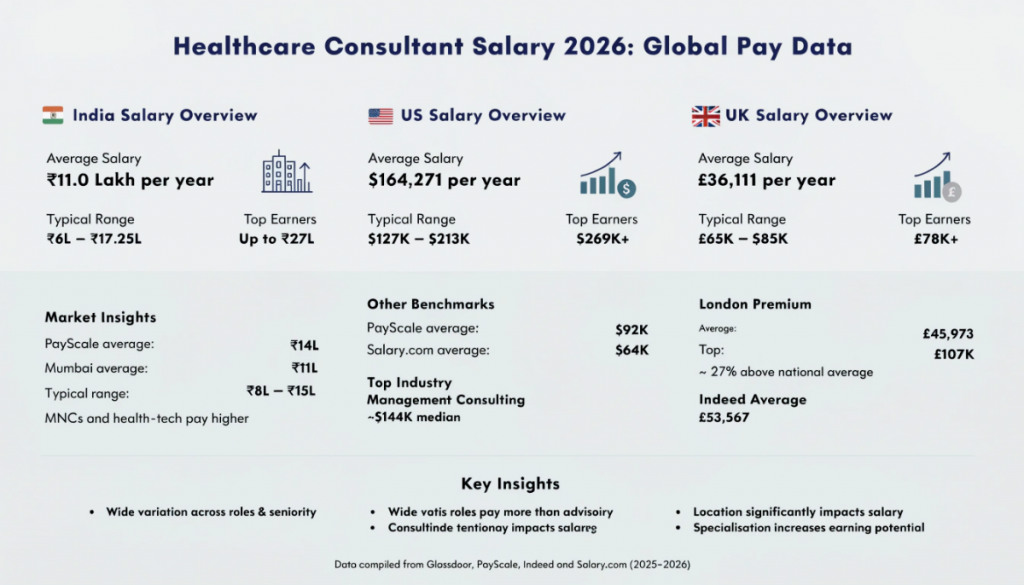 Infographic showing healthcare consultant salary data for 2026 across India, the US, and the UK, including averages, ranges, top earnings, and location-based differences.