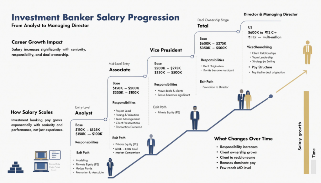 Infographic showing investment banker salary progression from analyst to managing director with increasing base salary, bonus and total compensation at each level.