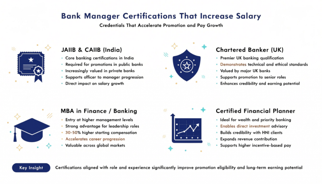 certifications that increase bank manager salary including JAIIB, CAIIB, Chartered Banker, MBA and CFP and their impact on promotion and career growth in banking.