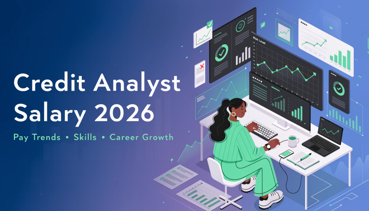 Premium featured image for a blog on credit analyst salary 2026, showing a financial analyst working with data dashboards, charts, and risk indicators in a modern corporate setting.