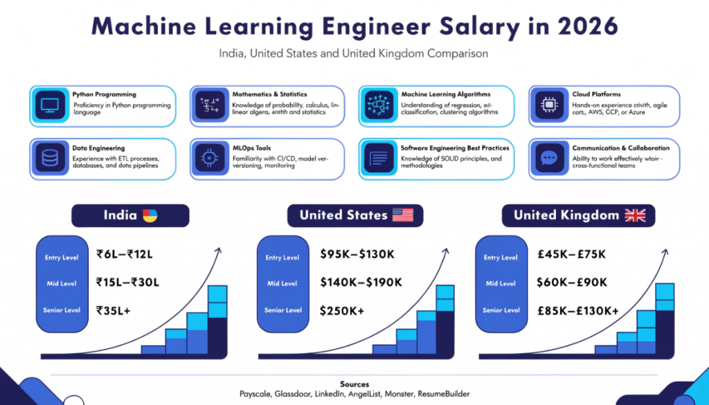 infographic comparing machine learning engineer salaries across India, United States and United Kingdom in 2026.