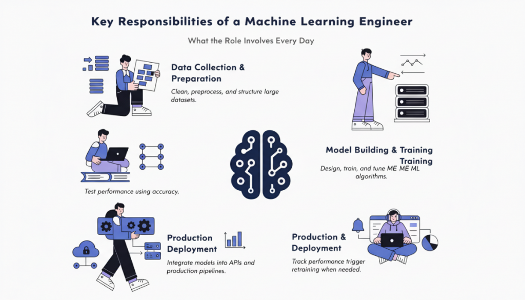 infographic showing daily responsibilities of machine learning engineers including data preparation, model training, deployment and monitoring.