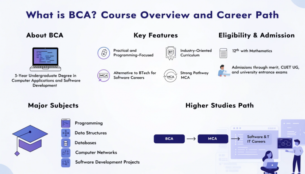 Modern infographic-style image explaining the BCA degree in India with course overview, eligibility, core subjects, admission process, and pathway to MCA and software careers in a clean light-theme educational design.