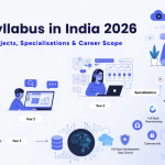 Modern featured blog banner showing the complete BCA syllabus in India 2026 with year-wise computer science subjects, specializations like full stack development and cybersecurity, and career pathways in a clean light-theme educational design.