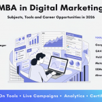Featured image for an MBA in Digital Marketing blog showing a student using digital marketing tools with analytics dashboards, SEO, social media, CRM, and performance marketing visuals.
