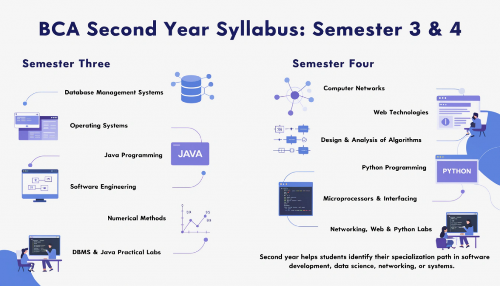 Modern infographic-style image showing the BCA second year syllabus with Semester 3 and Semester 4 subjects including DBMS, operating systems, Java, web technologies, Python, computer networks, algorithms, and practical labs in a clean light-theme educational design.