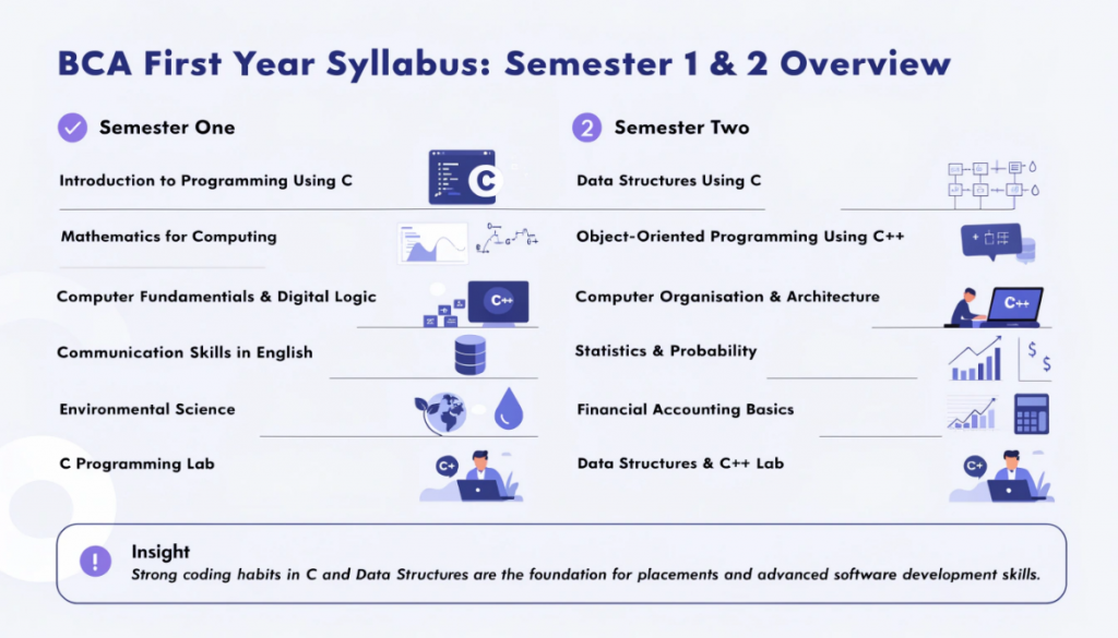 Modern infographic-style image showing the BCA first year syllabus in India with Semester 1 and Semester 2 subjects including C programming, data structures, OOP using C++, mathematics, computer organisation, and practical labs in a clean light-theme educational design.