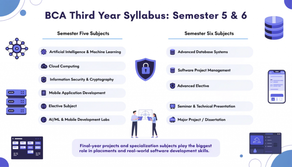 Modern infographic-style image showing the BCA third year syllabus with Semester 5 and Semester 6 subjects including AI and machine learning, cloud computing, cybersecurity, mobile app development, advanced databases, project management, and final-year projects in a clean light-theme educational design.