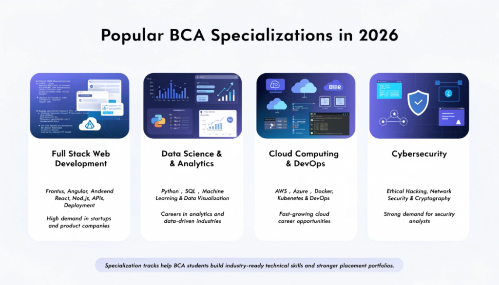 Modern infographic-style image showing popular BCA specializations in 2026 including full stack development, data science, cloud computing, DevOps, and cybersecurity with technology-themed visuals in a clean light-theme educational design.