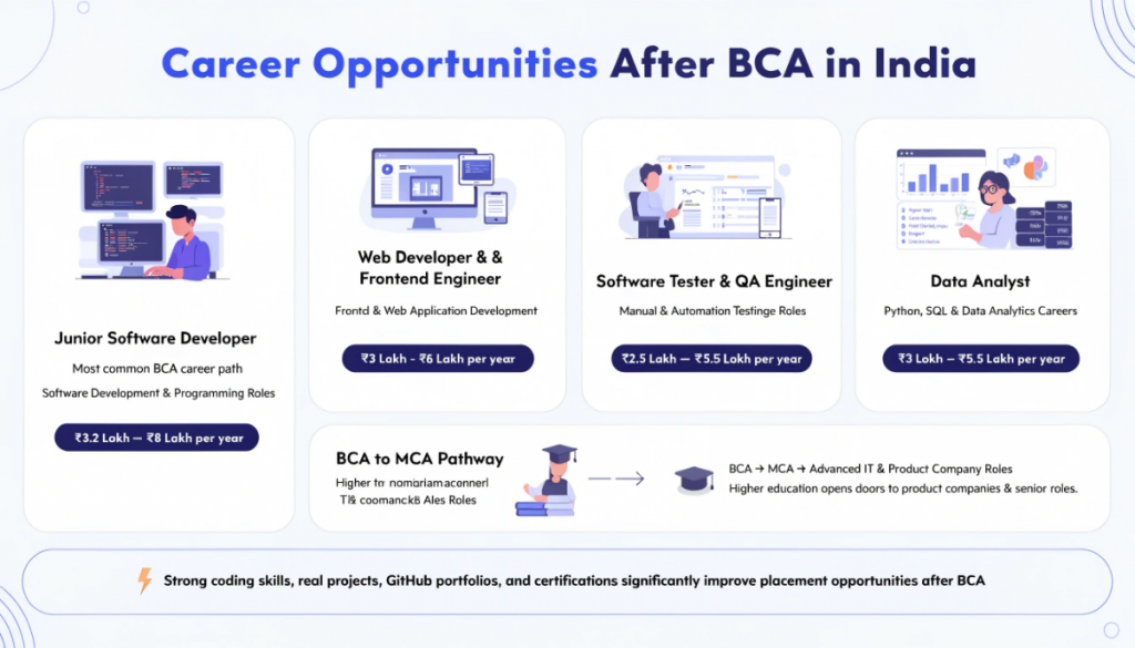Modern infographic-style image showing career opportunities after BCA in India including software developer, web developer, QA engineer, data analyst, and MCA career pathways with salary ranges in a clean light-theme educational design.