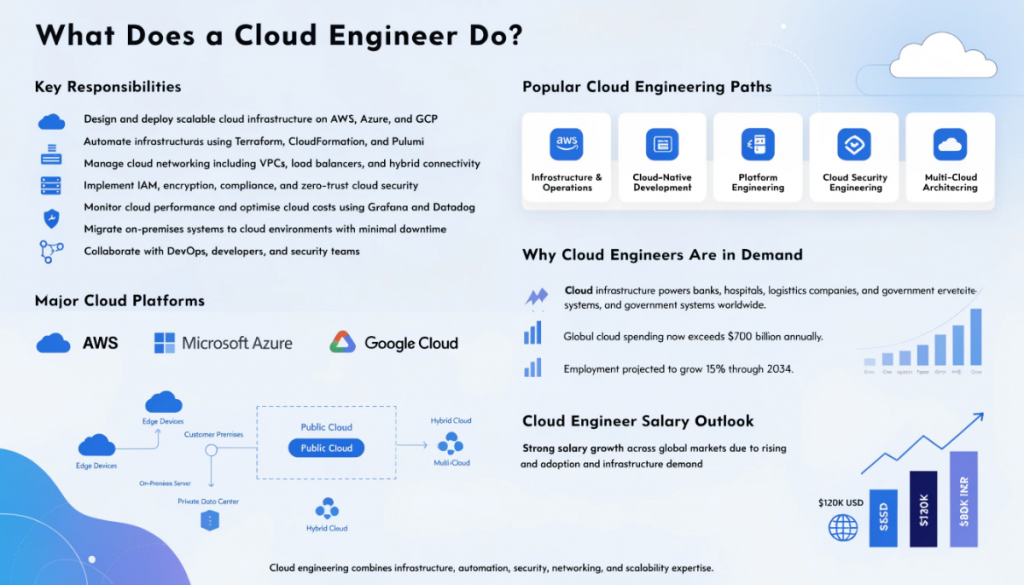 Modern infographic showing what a cloud engineer does, including AWS, Azure, and Google Cloud responsibilities, cloud security, Infrastructure as Code, networking, cloud migration, salary growth, and industry demand for cloud engineers.