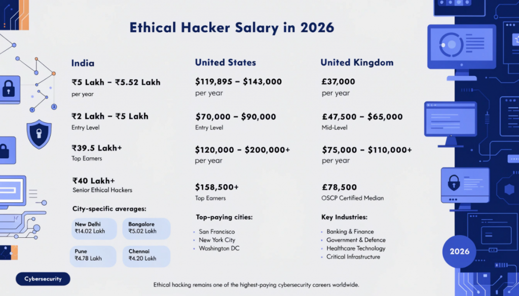 Infographic showing ethical hacker salaries in India, the United States and the United Kingdom in 2026 including entry-level, senior-level and OSCP-certified salary trends.