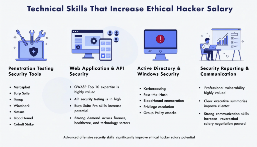 Infographic showing technical skills that increase ethical hacker salaries including penetration testing, web application security, Active Directory attacks and cybersecurity reporting skills in 2026.