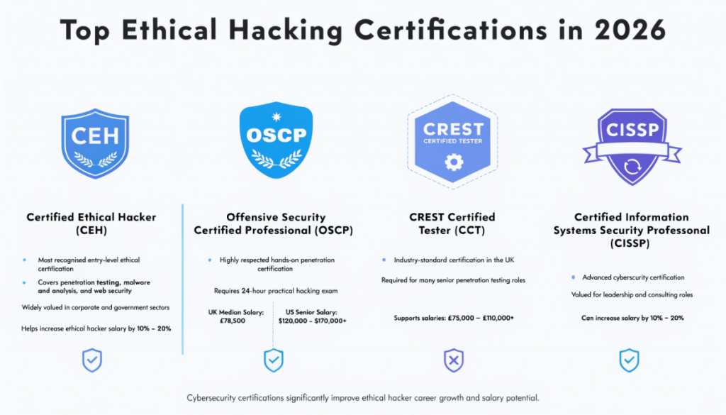 Infographic showing top ethical hacking certifications in 2026 including CEH, OSCP, CREST Certified Tester and CISSP with salary benefits and cybersecurity career insights.
