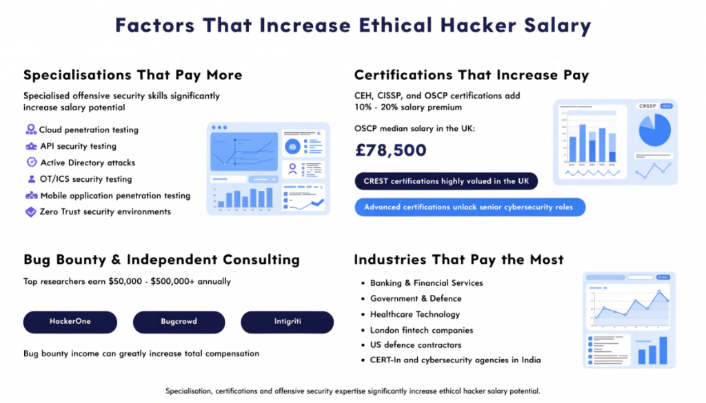 Infographic showing the key factors that increase ethical hacker salaries including cybersecurity specialisations, certifications, bug bounty income and high-paying industries in 2026.