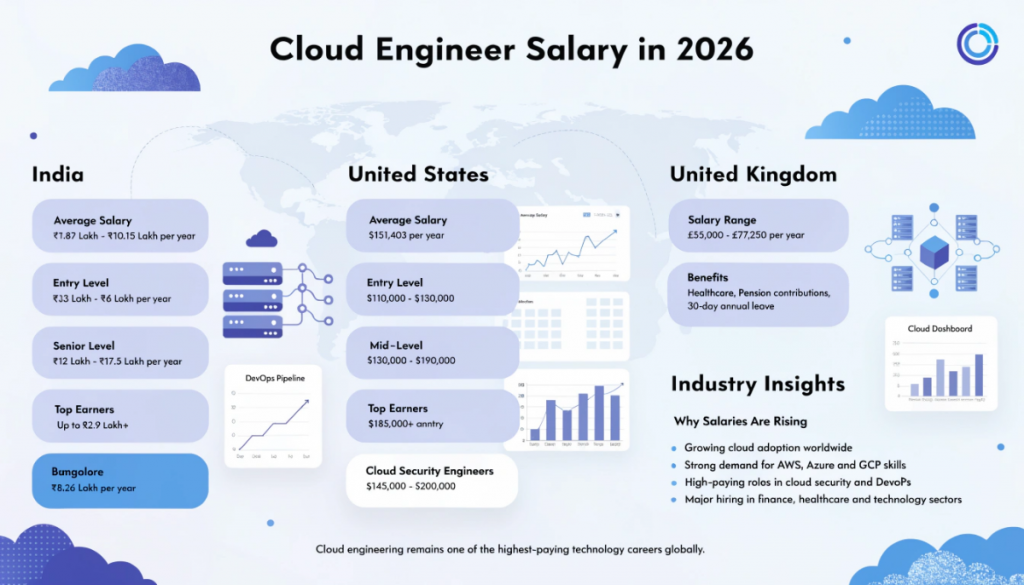 Light-themed infographic comparing ethical hacker salaries in India, the US and the UK in 2026 including entry-level and senior salary ranges.