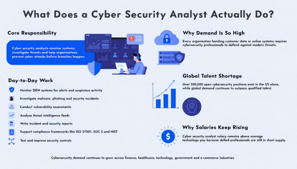 Modern light-theme cybersecurity infographic showing the role of a cyber security analyst with SIEM monitoring dashboards, threat detection systems, incident response icons, compliance graphics and security operations center illustrations in a blue and purple futuristic design.