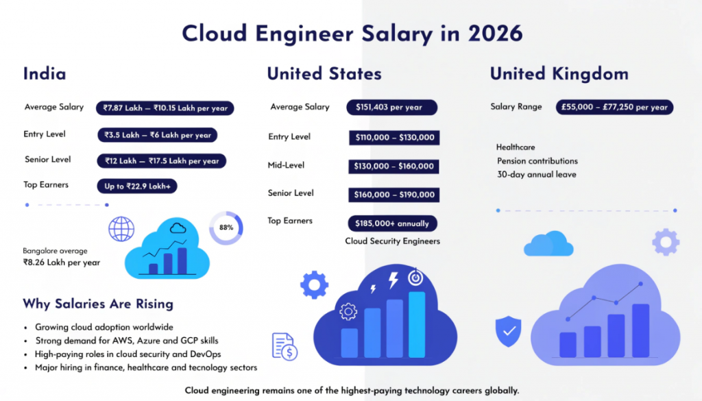 Modern infographic comparing cloud engineer salaries in India, the United States, and the United Kingdom in 2026, including entry-level, mid-level, and senior salaries, cloud security pay, Bangalore salary trends, and global demand for cloud engineers.