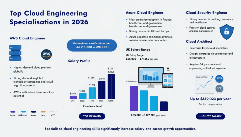 Infographic showing cloud engineering specialisations including AWS Cloud Engineer, Azure Cloud Engineer, Cloud Security Engineer and Cloud Architect with salary ranges and career insights for 2026.