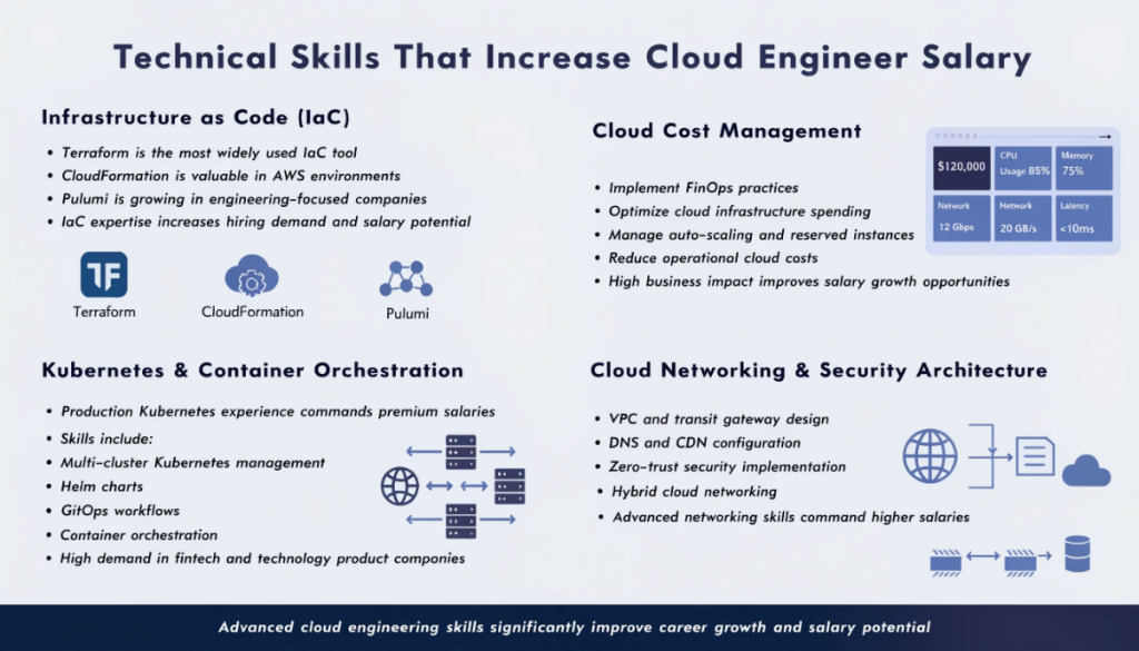 Infographic showing technical skills that increase cloud engineer salaries including Infrastructure as Code, Kubernetes, cloud cost optimisation and cloud networking security architecture in 2026.