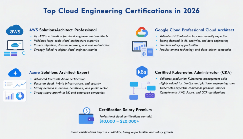 Infographic showing top cloud engineering certifications in 2026 including AWS Solutions Architect Professional, Azure Solutions Architect Expert, Google Cloud Professional Cloud Architect and Certified Kubernetes Administrator with salary benefits.