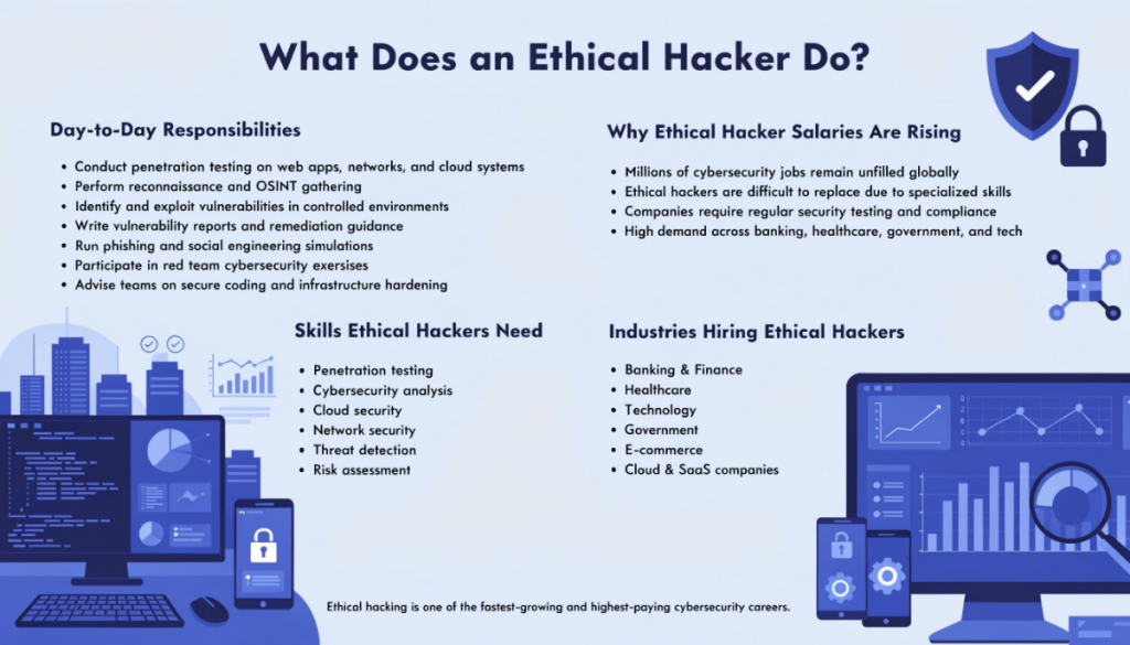 Infographic showing the role of an ethical hacker including penetration testing, cybersecurity skills, red team exercises, vulnerability assessment and reasons why ethical hacker salaries are increasing in 2026.