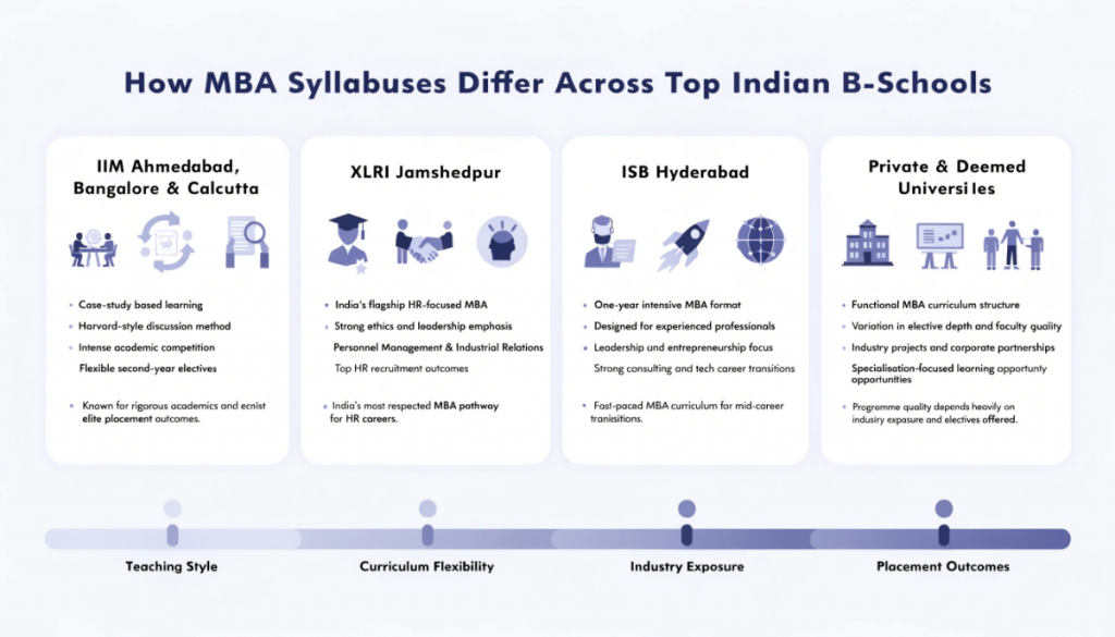 Infographic comparing MBA syllabus structure and teaching styles across IIMs, XLRI, ISB Hyderabad, and private Indian business schools with focus on pedagogy, electives, and placements.
