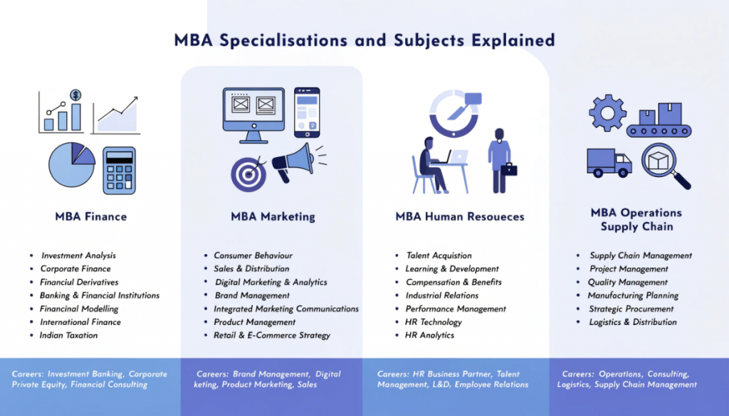 Infographic comparing MBA specialisations including Finance, Marketing, Human Resources, and Operations with their core subjects and related career paths.