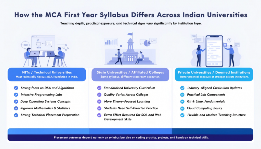 Infographic comparing MCA first year syllabus quality and teaching style across NITs, state universities, and private universities in India.