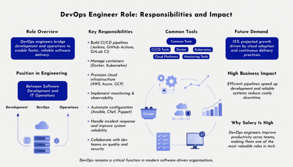 DevOps engineer role infographic showing cloud infrastructure automation and high demand tech career