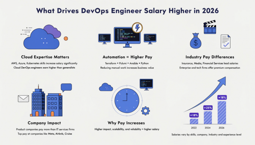 DevOps engineer salary growth factors infographic showing cloud skills automation employer and industry impact