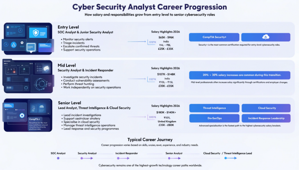 Light-theme infographic showing cyber security analyst career progression from SOC Analyst to senior cloud security and threat intelligence roles with salary growth stages, cybersecurity dashboards and futuristic vector graphics.