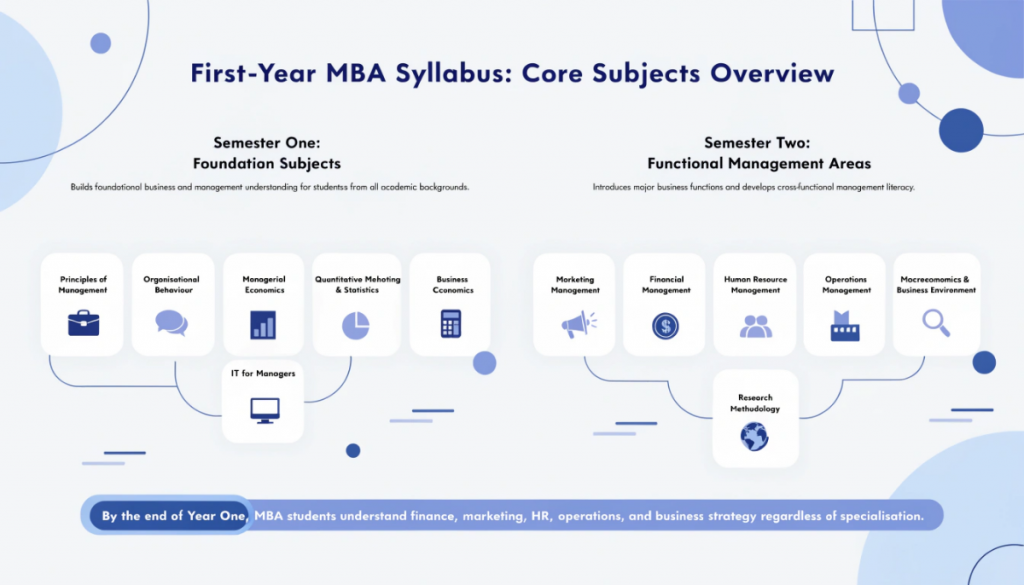 Infographic showing first-year MBA syllabus structure with semester-wise core subjects including management, finance, marketing, HR, operations, economics, statistics, and business communication.