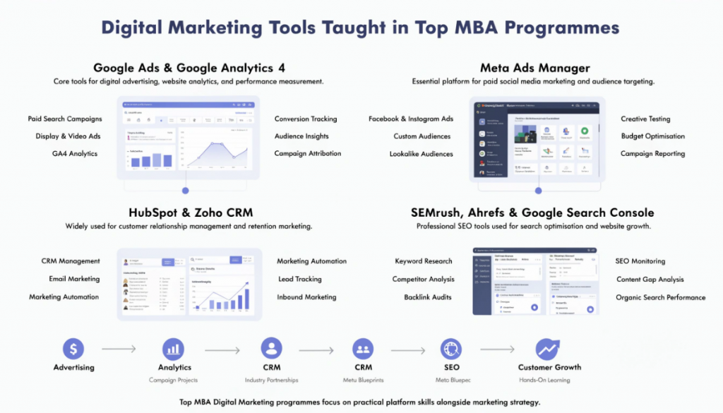 Infographic showing digital marketing tools taught in MBA programmes including Google Ads, GA4, Meta Ads Manager, HubSpot, Zoho CRM, SEMrush, Ahrefs, and Google Search Console.