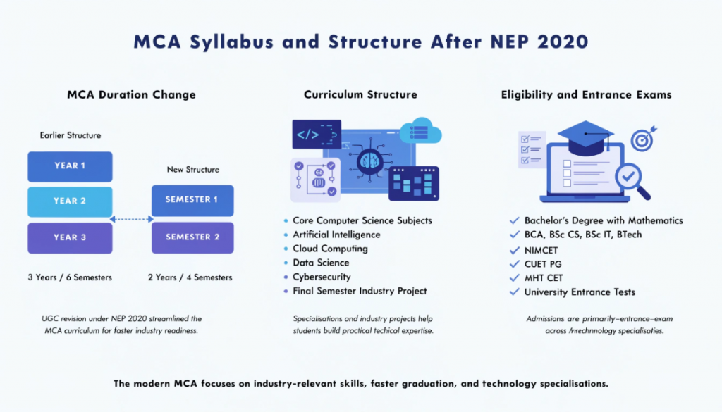 Infographic explaining the revised MCA syllabus and programme structure after NEP 2020 including duration change, specialisations, eligibility criteria, entrance exams, and industry-focused projects.