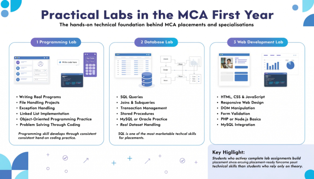 Infographic explaining MCA first year practical labs including programming lab, database lab, and web development lab with coding and software engineering visuals.