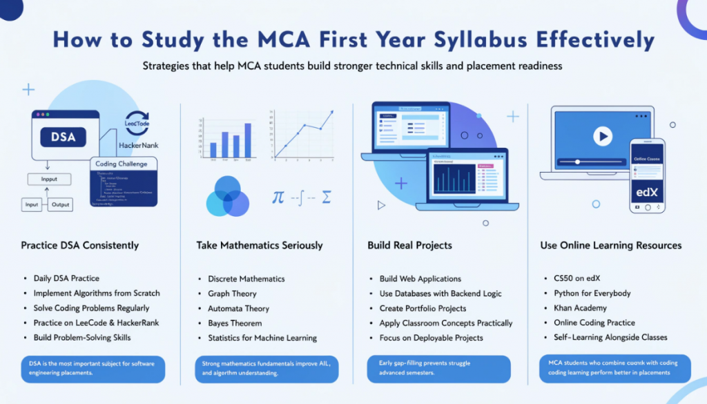 Infographic explaining effective study strategies for MCA first year students including DSA practice, mathematics preparation, project building, and online learning resources.