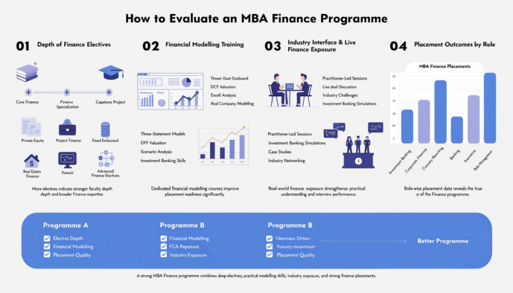 Infographic explaining how to evaluate MBA Finance programmes based on electives, financial modelling training, industry exposure, and finance placement outcomes.